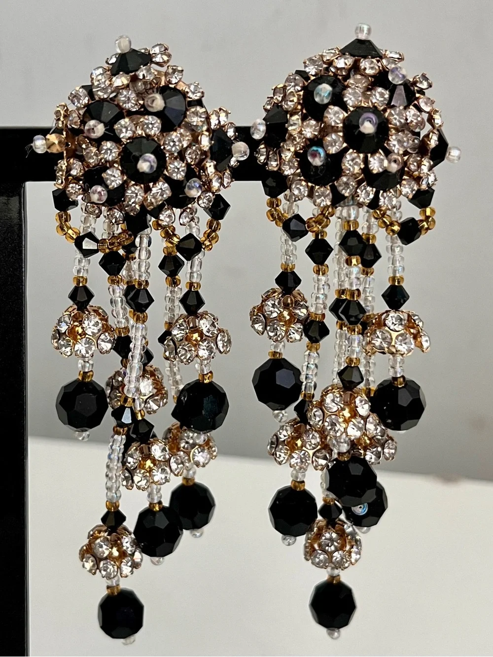 Vintage Lois Ann Black & White Rhinestone Beaded Tassel Chandelier Earrings